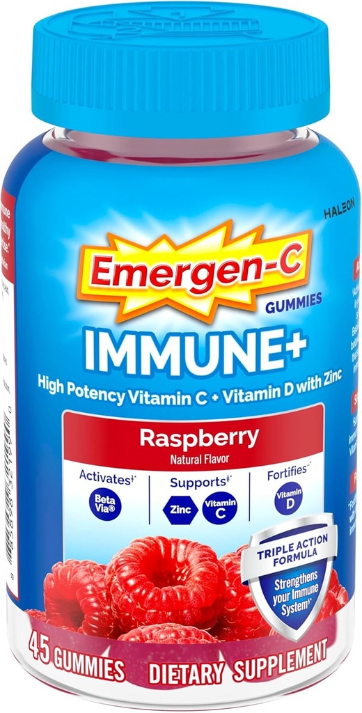 Emergen-C Immune+ Triple Action Immune Support Gummies, BetaVia (R), 1000mg Vitamine C, B Vitamines, Vitamine D et Antioxydants, Framboise, Retour à l'école Essentiels – 45 Compte