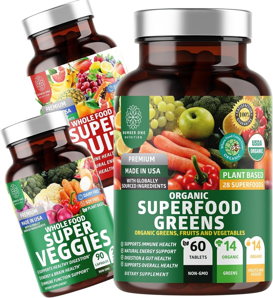 No One Nutrition N1N Premium Superfood Greens [28 ingrédients puissants] et Super Fruits & Veggies Supplément [40 aliments entiers] - Complete Superfood Bundle, 2 Pack