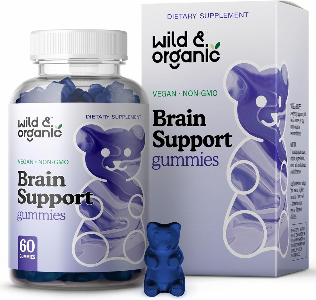Gummies d'appui au cerveau sauvage et biologique - Supplément focus avec racine Ashwagandha, vitamine B12, Ginkgo Biloba, Bacopa - Chews végétaliens pour la clarté et la productivité - 60 Gummies cérébrales
