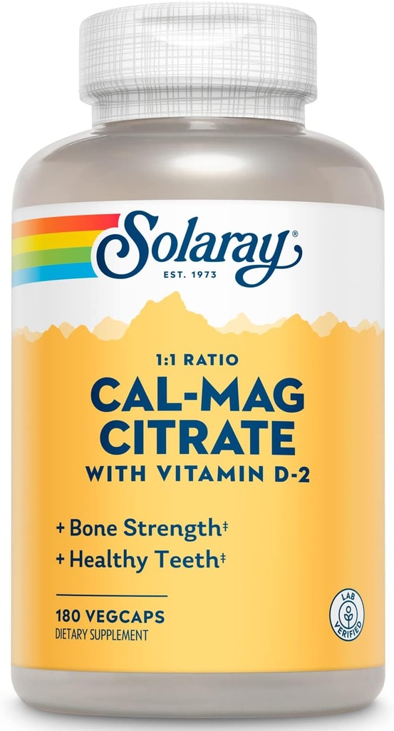 SOLARAY Calcium Magnésium Citrate 1:1 Ratio w/Vitamine D 2 - Suppléments de calcium pour les femmes et les hommes - Calcium 1000mg, Magnésium 1000mg - Soutien à la santé osseuse - Garantie de 60 jours, 30 portions, 180 VegCaps