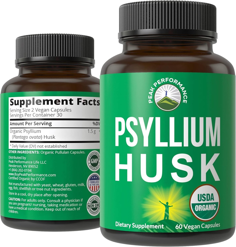 USDA Psyllium Organic Musk Capsules Vegan faites avec Psyllium Organic Husk Seed. Supplément fibre pour Gut. Prébiotiques digestifs. Des pilules pour la digestion, sans ballonnement. Comprimés