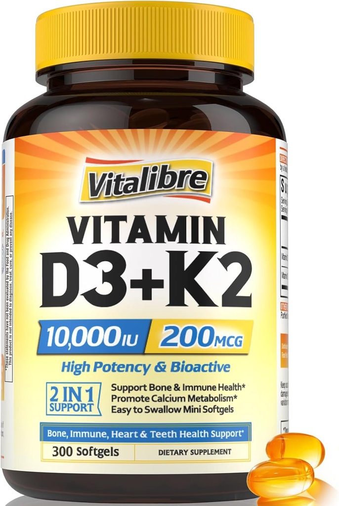 Supplément Vitamine D3 K2, 10000 UI D3 / 200 mcg K2 MK7, Absorption de calcium, os, coeur, immunitaire et soutien de l'humeur, Absorption améliorée, Pas de soja, Facile à avaler, 300 Softgels