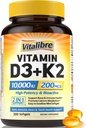 Supplément Vitamine D3 K2, 10000 UI D3 / 200 mcg K2 MK7, Absorption de calcium, os, coeur, immunitaire et soutien de l'humeur, Absorption améliorée, Pas de soja, Facile à avaler, 300 Softgels