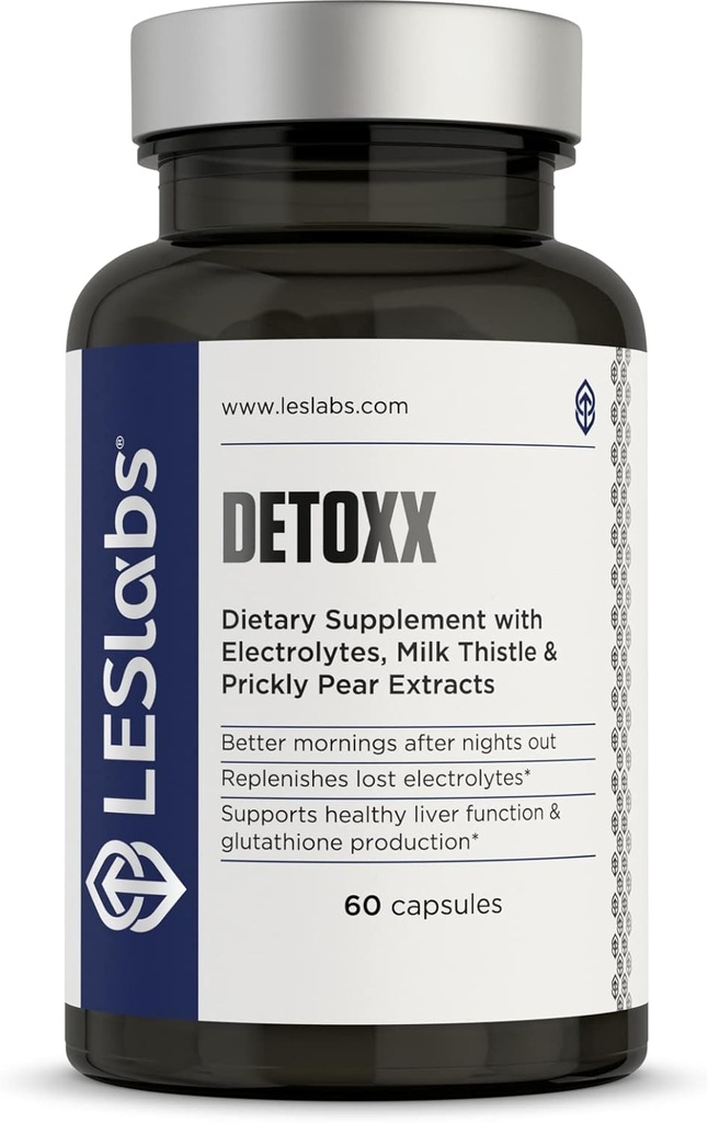 LES Labs DeToxx – Meilleurs matins et rétablissement, soutien du foie, renouvellement des électrolytes et soutien au glutathion – Poire piquante, chardon et NAC – Supplément non OGM – 60 capsules