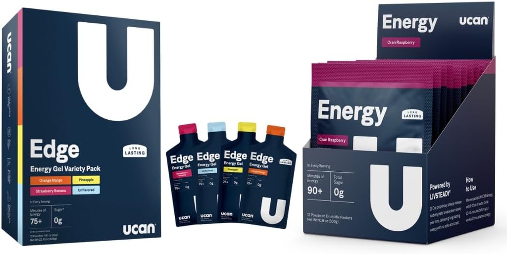 UCAN Training Starter Pack, Edge Energy Gel Variety Pack, Energy Powder Cran-Raz, avant et après l'entraînement pour les hommes et les femmes