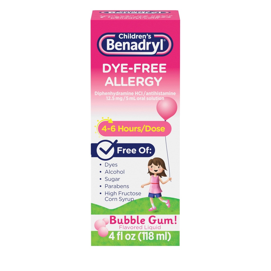 Enfants Benadryl anti-allergie sans colorant liquide + 12,5 mg de Diphenhydramine HCl, Antihistamine Allergie Médecine pour les enfants aide à soulager Runny Nez et éternuement, Bubble Gum Flavor, 4 fl. oz