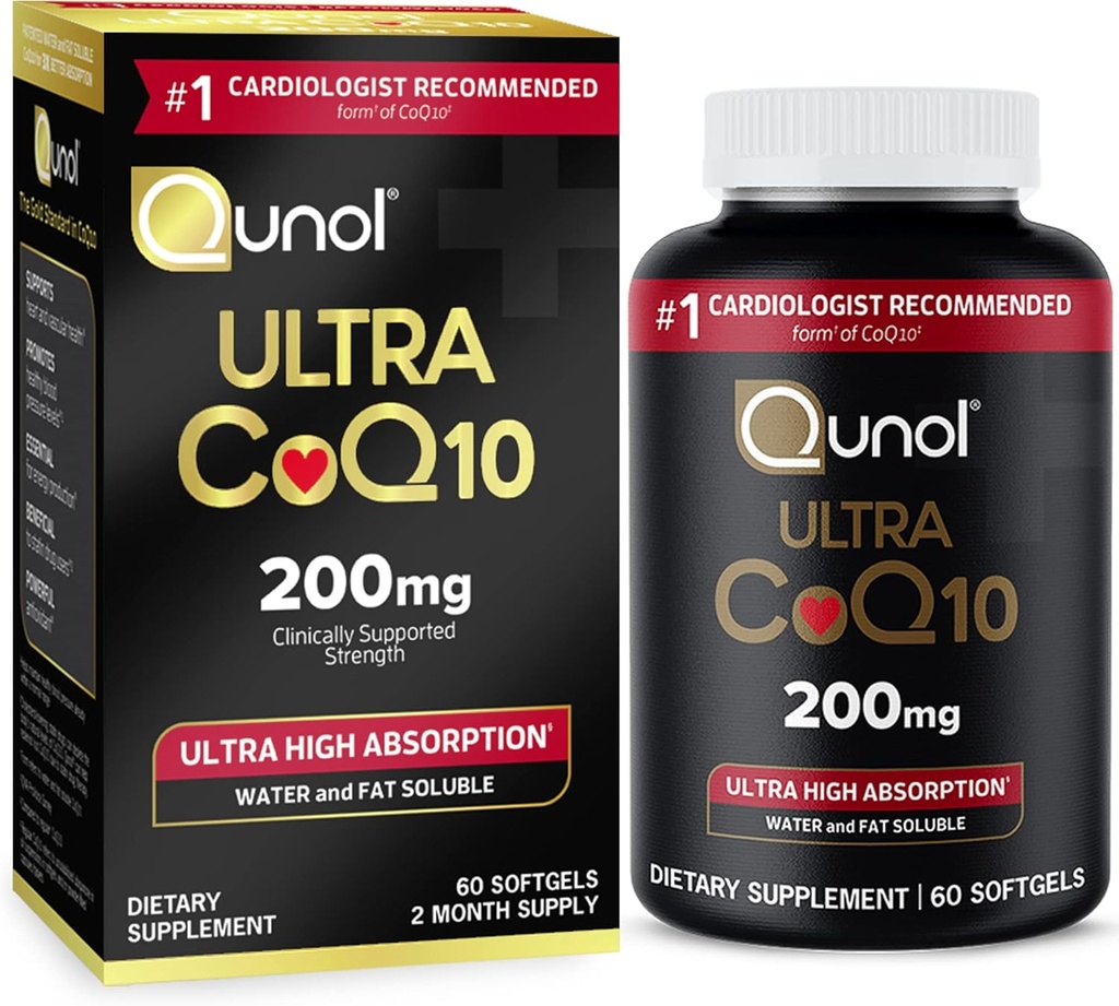 Qunol CoQ10 200mg Softgels, Ultra CoQ10 - Suppléments de Coenzyme de haute absorption Q10 - Supplément antioxydant pour la santé vasculaire et cardiovasculaire et la production d'énergie - 2 mois d'approvisionnement - 60 Compte