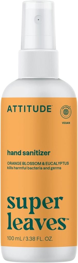 ATTITUDE Spray d'assainissement des mains pour les adultes et les enfants, EWG Vérifié, tue les bactéries et les germes, végétalien, orange Blossom & Eucalyptus, 3,38 Fl Oz (Bouteille de pulvérisation)