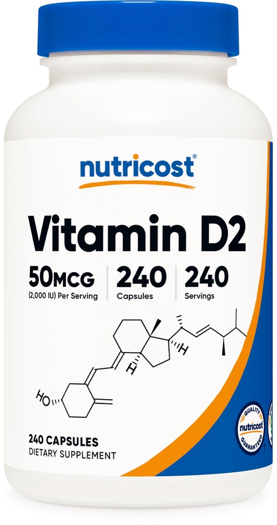 Supplément de vitamine D2 Nutricost (2000 UI) 240 capsules - Végétalien, Non-OGM, Sans gluten, Testé par une tierce partie