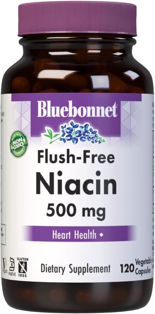 BlueBonnet Nutrition Flush-Free Niacin 500mg, for Nutritional Cardiovascular Support Vegetable Capsules, Soy/Dairy/Gluten Free, Non-GMO, Kosher Certified, Vegan, White, 120 Count
