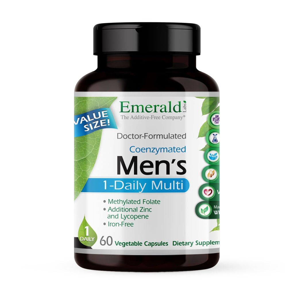 EMERALD LABS Men's 1 Daily Multi - Additive-Free Men's Multivitamin - Includes Lycopene, Zinc, Vitamin D3, & More - Supports Bones, Prostate & Vision* - 60 Vegetable Capsules