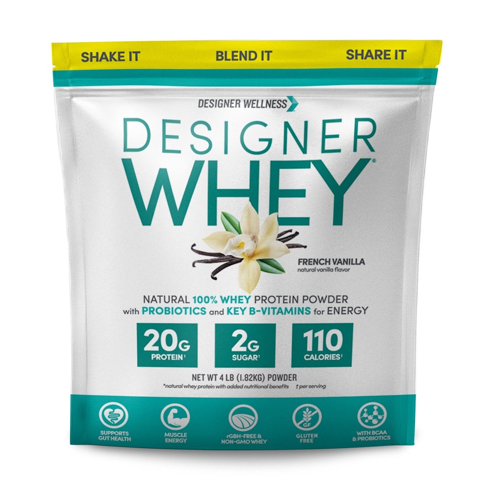 Designer Wellness, Designer Whey, Natural When Protein Powder with Probiotics, Fibre, and Key B-Vitamines for Energy, sans gluten, Vanille française, 4 lb
