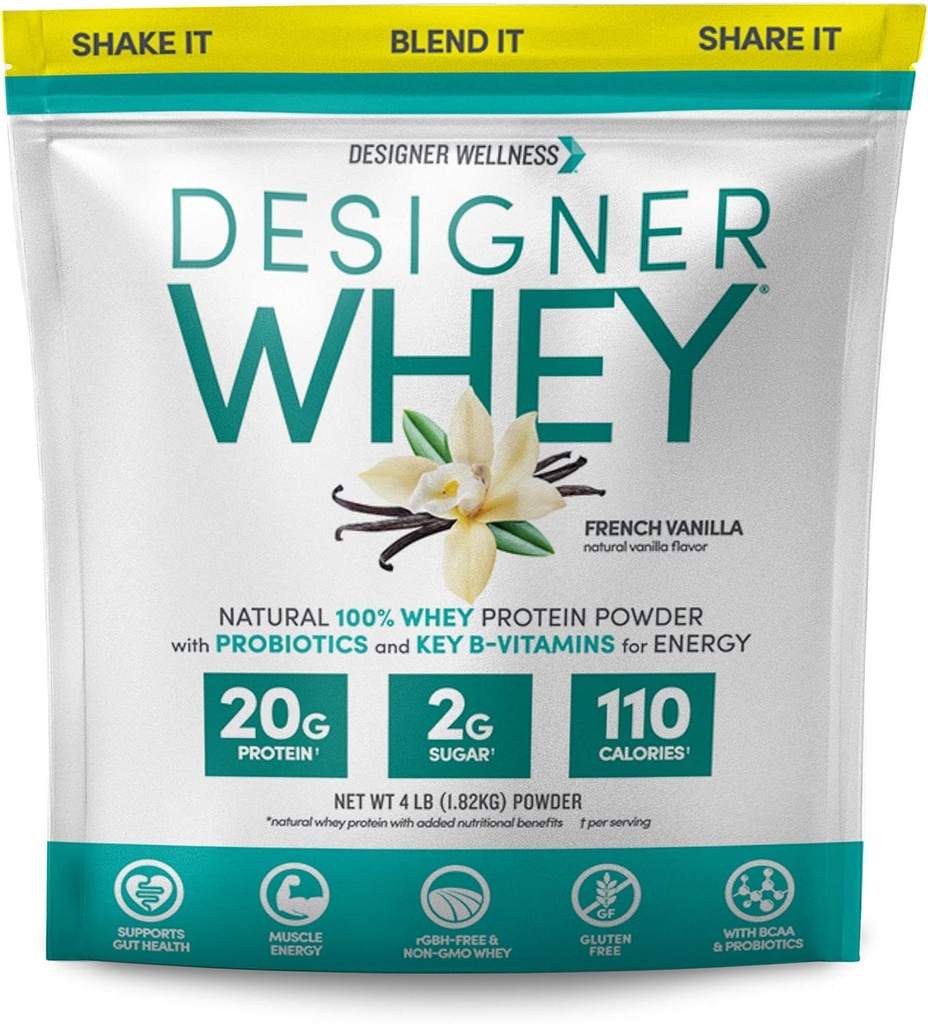 Designer Wellness, Designer Whey, Natural When Protein Powder with Probiotics, Fibre, and Key B-Vitamines for Energy, sans gluten, Vanille française, 4 lb