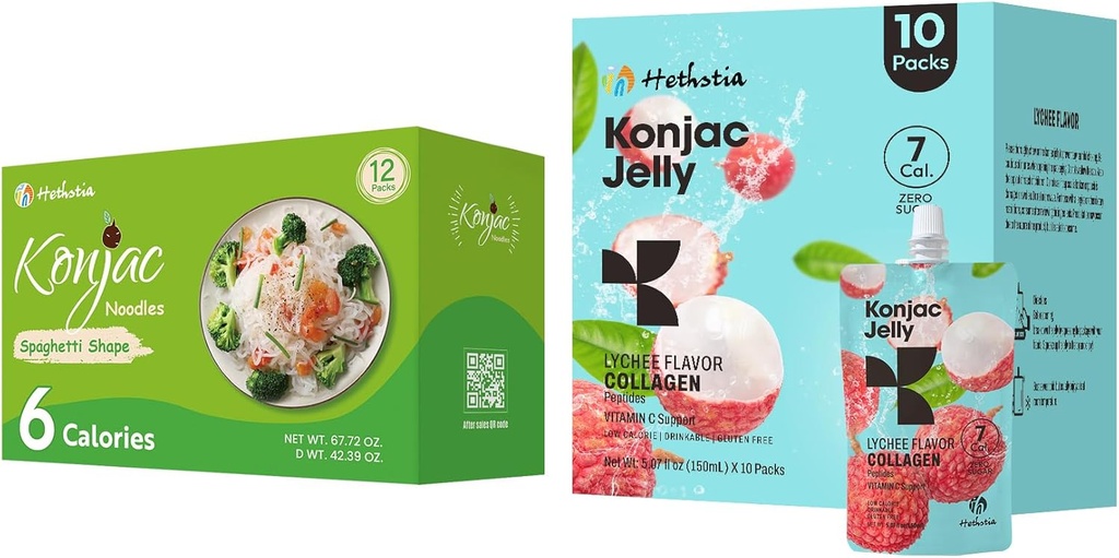 Hethstia Konjac Jelly Lychee Flavor avec collagène Peptides 10 Packs et Konjac Spaghetti Sans gluten 12 Packs Basse calories, Keto, Sans sucre, Aliments sains
