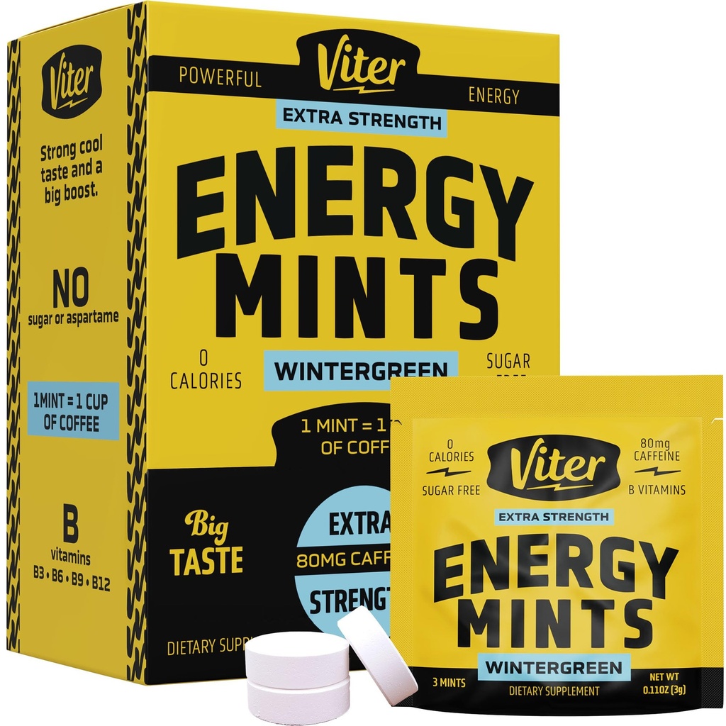 Viter Energy Caféine Menthes 80mg Extra Strength - 90 Pièces Caféiné avec des vitamines B. Booster de focale nootropique pour une alerte rapide (arôme vert interverti, 30 Pack)