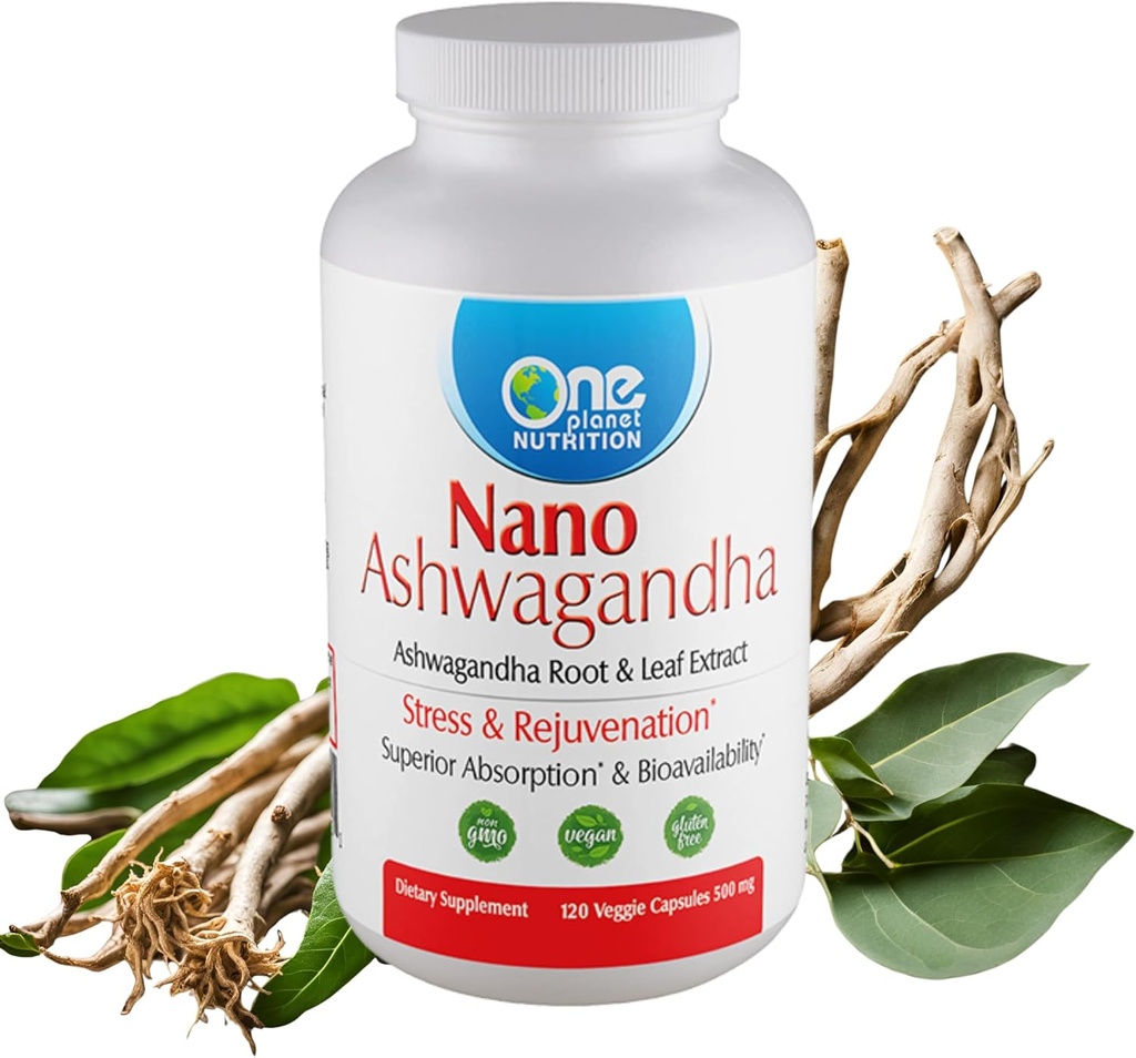 One Planet Nutrition Nano Ashwagandha Root & Leaf 500 mg Capsules de légumes (120 portions), 10:1 Extrait, soutient la fonction hormonale et neurologique pour le soulagement du stress, non-OGM, végétalien, sans gluten