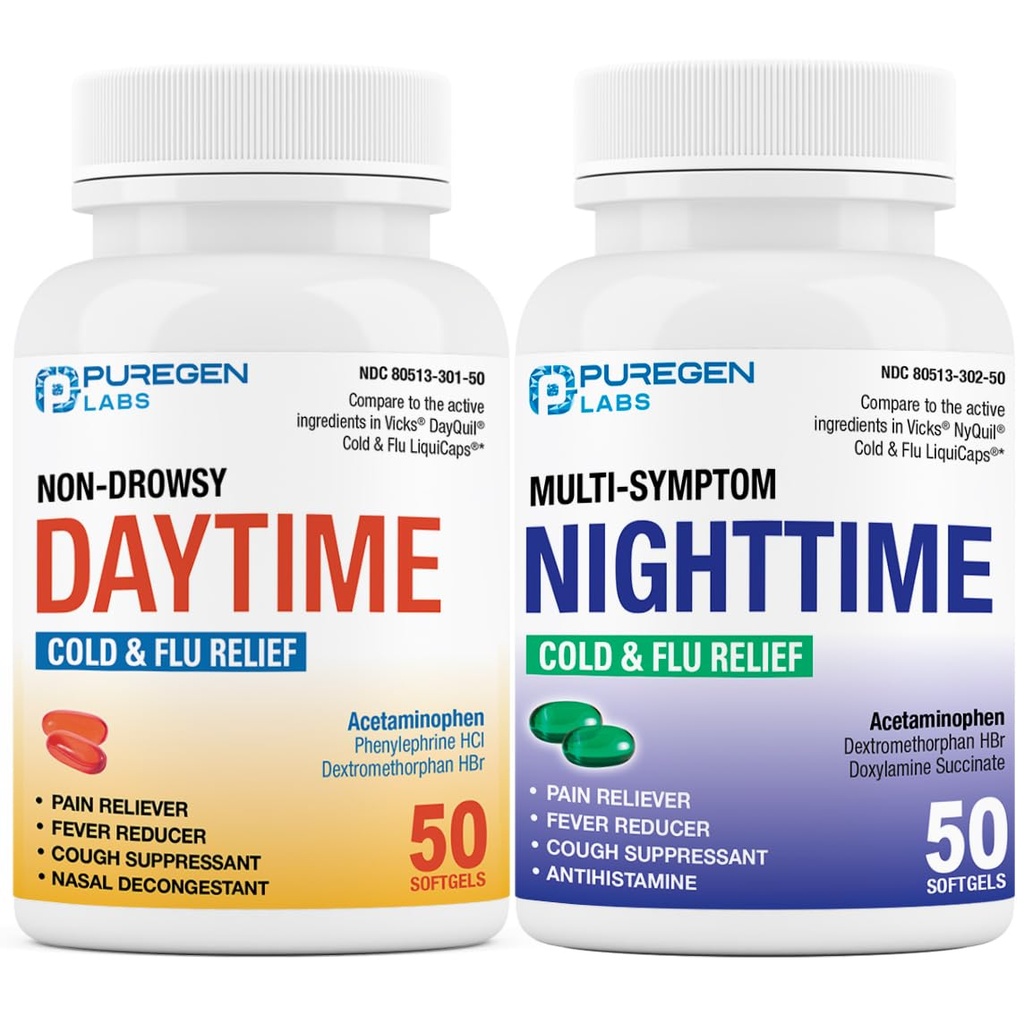 Puregen Labs Daytime and Nighttime Combo Pack, Cold and Grippe Relief Medicine (Médicament de soulagement du rhume et de la grippe) Powerful Multi-Symptôme Daytime and Nighttime Relief for Headache, Fever, Sore Throat, Cough, Congestion and Aches