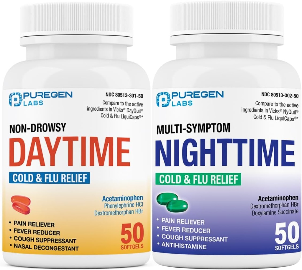 Puregen Labs Daytime and Nighttime Combo Pack, Cold and Grippe Relief Medicine (Médicament de soulagement du rhume et de la grippe) Powerful Multi-Symptôme Daytime and Nighttime Relief for Headache, Fever, Sore Throat, Cough, Congestion and Aches
