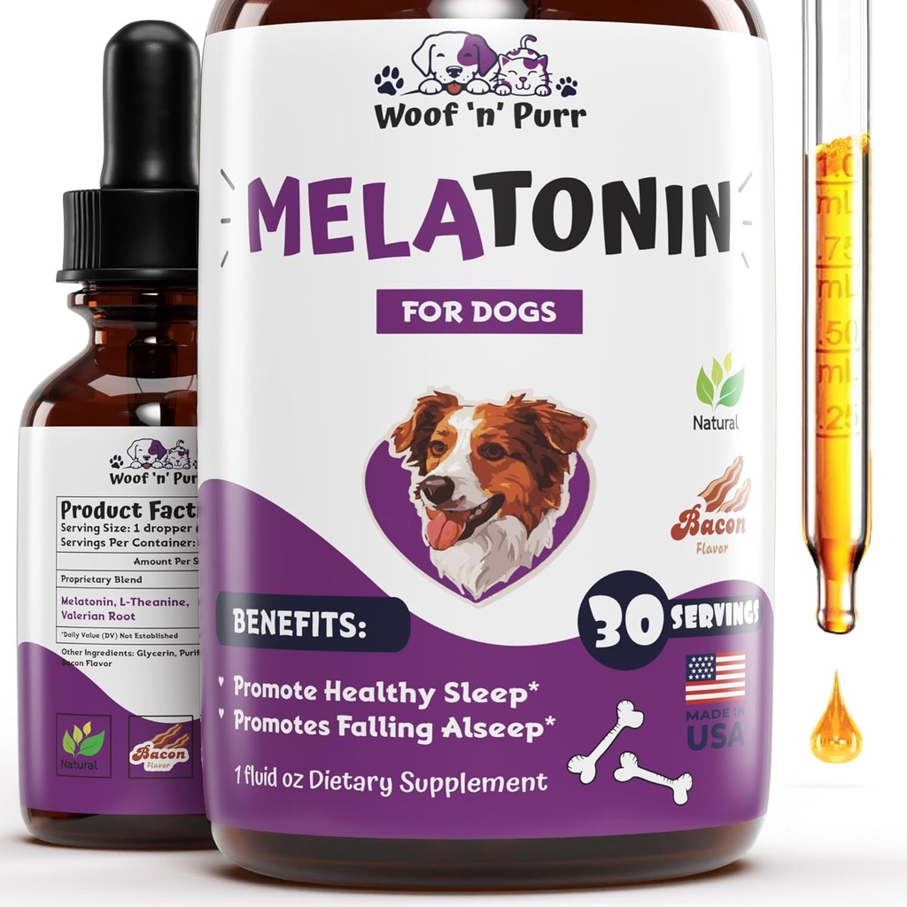 Dog Melatonin - Melatonin pour chiens - Aide au sommeil des chiens - Aide au sommeil des chiens - Melatonin pour chiens Dormir - Apaisant pour chiens - Apaisant pour chiens - Apaisant pour chiens - Relief d'anxiété pour chiens - 1 fl oz: Bacon Flavor