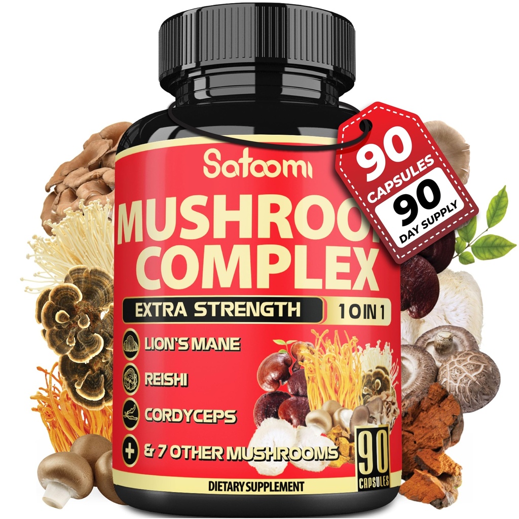 Satoomi 10in1 Complexe de Supplément de Champignons - Lions Mane, Cordyceps, Reishi, Chaga - Suppléments Cerveau pour Mémoire et Focus - Approvisionnement de 3 mois