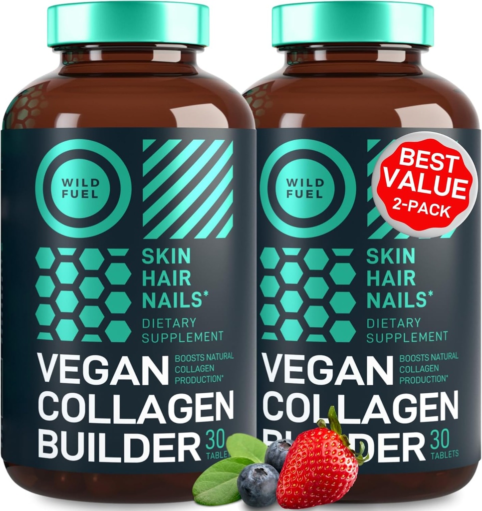 Comprimés de rappel de collagène végétalien - Suppléments de collagène végétalien sans cruauté - Biotine, Superalimentaire biologique, Vitamines de collagène végétale pour la peau, les cheveux, les ongles - 2-pack, 60 pilules de collagène végétalien