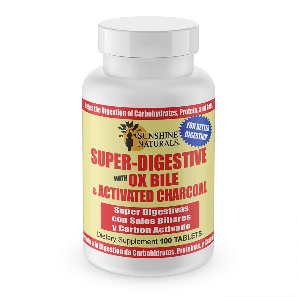 Sunshine Naturals Super Supplément digestif. Bile d'Ox et charbon activé pour le soutien digestif, le dégel, le nettoyage des intestins, l'absorption des nutriments et favorise le bien-être général. 100 comprimés.