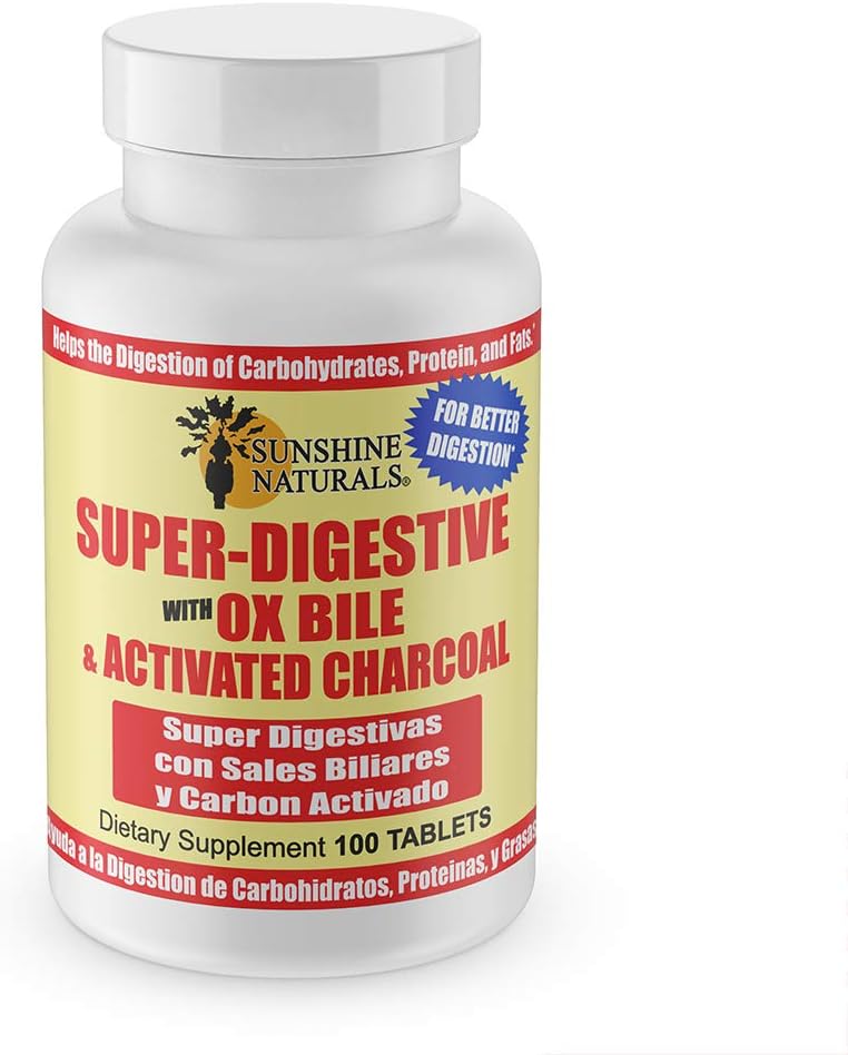 Sunshine Naturals Super Supplément digestif. Bile d'Ox et charbon activé pour le soutien digestif, le dégel, le nettoyage des intestins, l'absorption des nutriments et favorise le bien-être général. 100 comprimés.