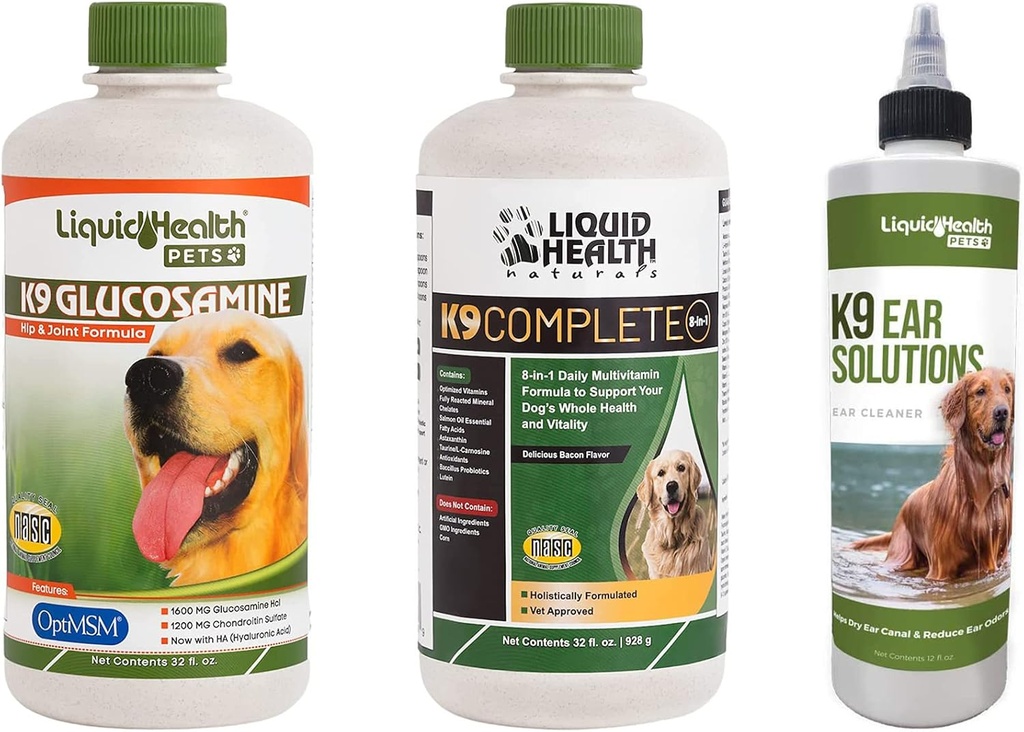 LIQUIDHEALTH Animaux domestiques K9 Glucosamine Hip & Joint Formula, K9 Solution de nettoyage d'oreilles, & K9 Complete 8-en-1 Dog Multivitamine - Animal Vitamine Bundle for Joint Health, Mobility, Immune Support - Made in USA