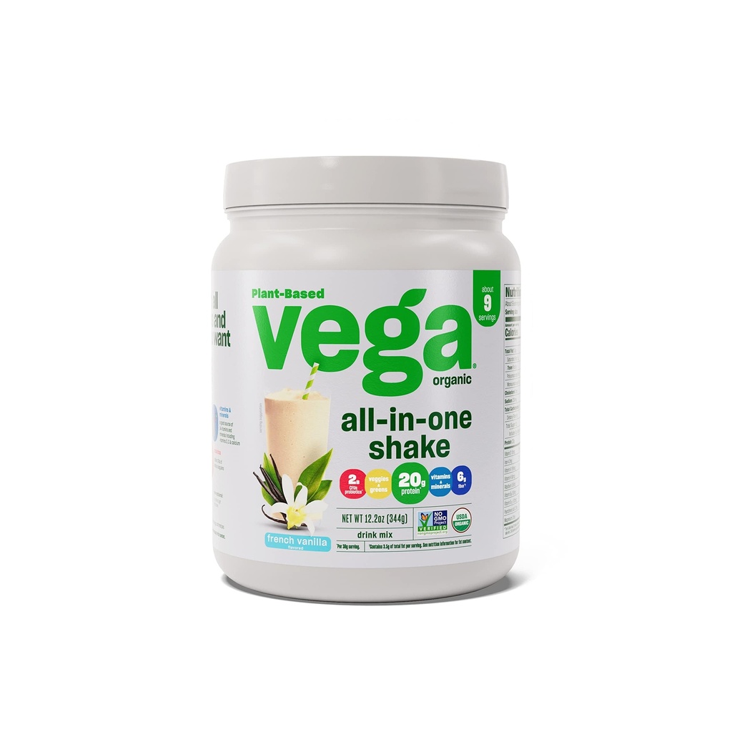 Poudre de protéines Vegan biologique tout-en-un Vega, Vanille française -Ingrédients super-alimentaires, Vitamines pour le soutien immunitaire, Keto Friendly, Pea Protein for Women & Men, 12.2 oz (Packaging May Vary)