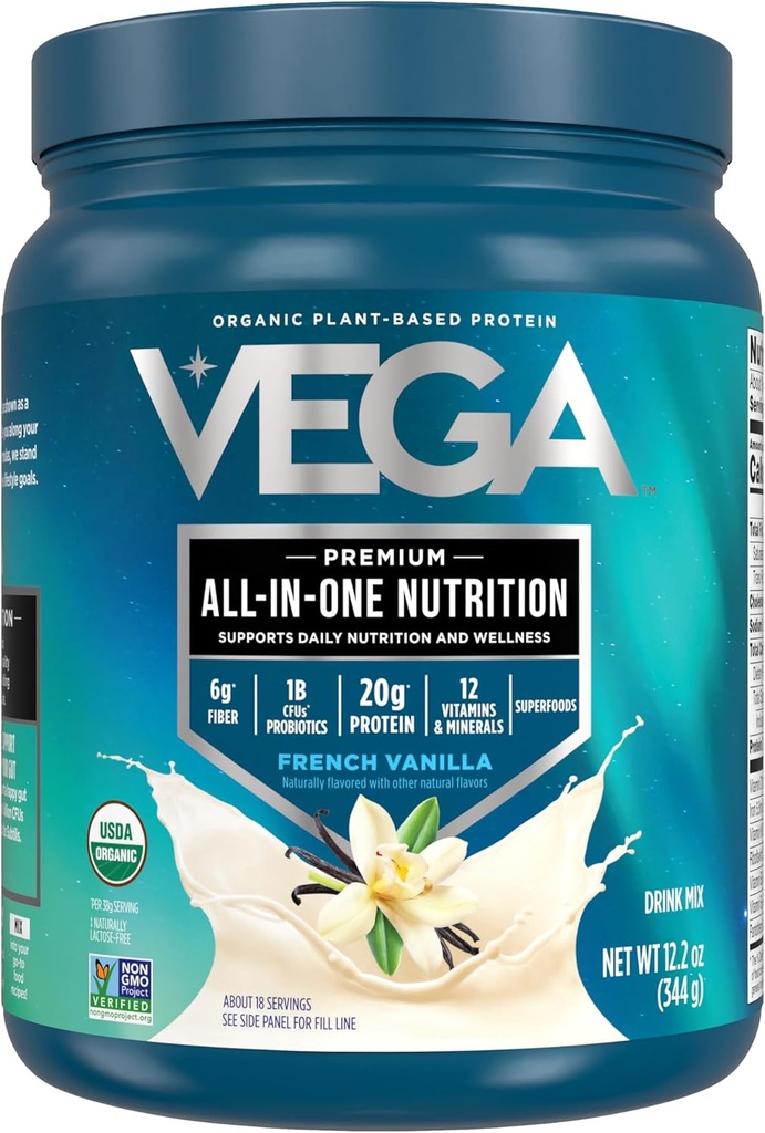 Vega Organic All-in-One Vegan Protein Powder, French Vanilla -Superfood Ingredients, Vitamins for Immunity Support, Keto Friendly, Pea Protein for Women & Men, 12.2 oz (Packaging May Vary)