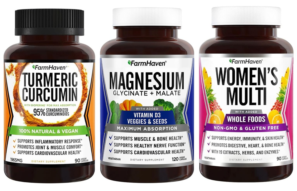 FarmHaven Magnésium + Multivitamine pour les femmes + Curcumine Turmère avec Pepper Noir BioPerine