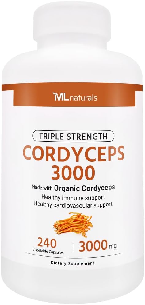 ML Naturals Triple Strength Cordyceps 3000 Fabriqué avec Cordyceps Bio, 240 capsules végétales. Soutien immunitaire sain, non-OGM, NSF-Certified & cGMP-Compliant tiers laboratoire testé.