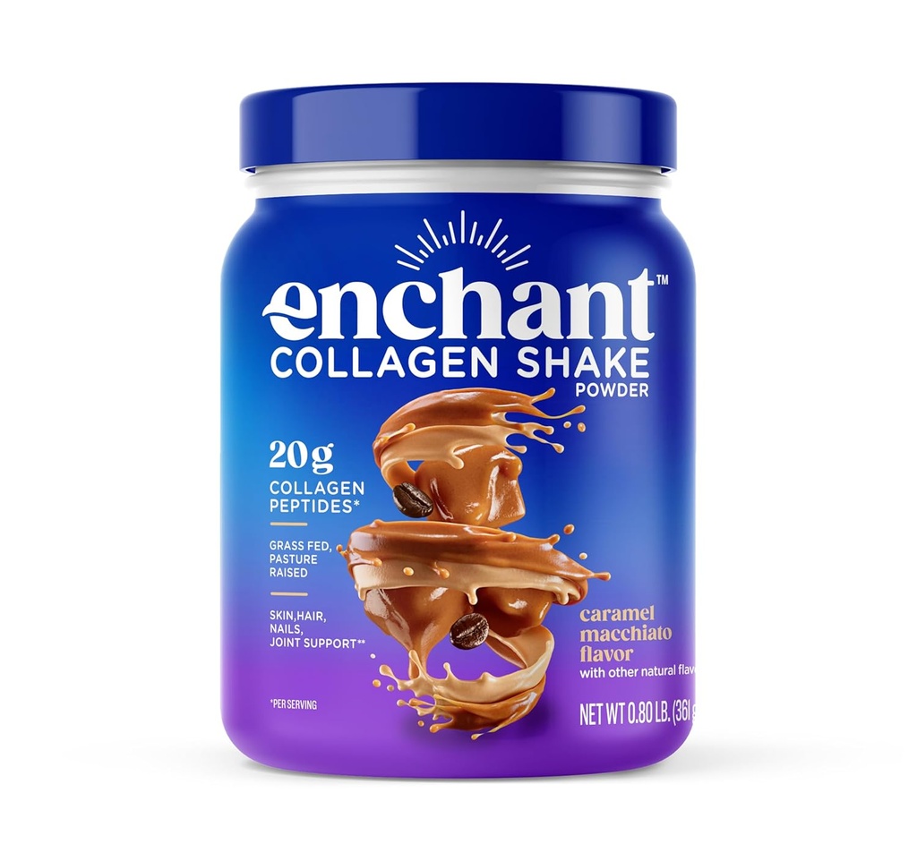 Enchant Collagen Protéine poudre, Caramel Macchiato saveur – 20g Herbacé Collagène Peptides, Avocado huile crème, source de Omega 9 + fibre, pour les articulations, Muscle, peau, soutien des cheveux, 0.80 lb