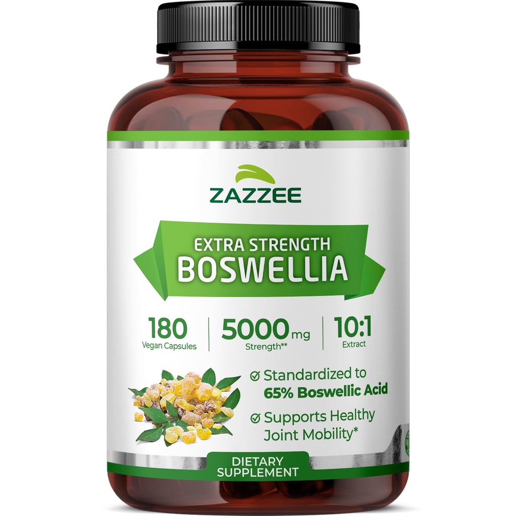 Zazzee Extra Strength Boswellia 10:1 Extrait, 65% Acide Boswellique, 180 Capsules Vegan, 6 mois d'approvisionnement, Boswellia Serrata, Confort articulaire, Mobilité et Flexibilité Support, Non-OGM, Fabriqué aux États-Unis