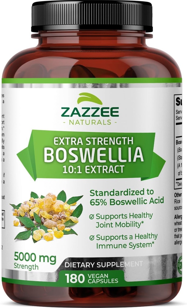 Zazzee Extra Strength Boswellia Serrata 10:1 Extrait, 5000 mg Strength, 65% Acide boswellique, 180 capsules véganes, 6 mois d'approvisionnement, haute puissance 10X normalisée, 100% végétarien, tout naturel, non-OGM