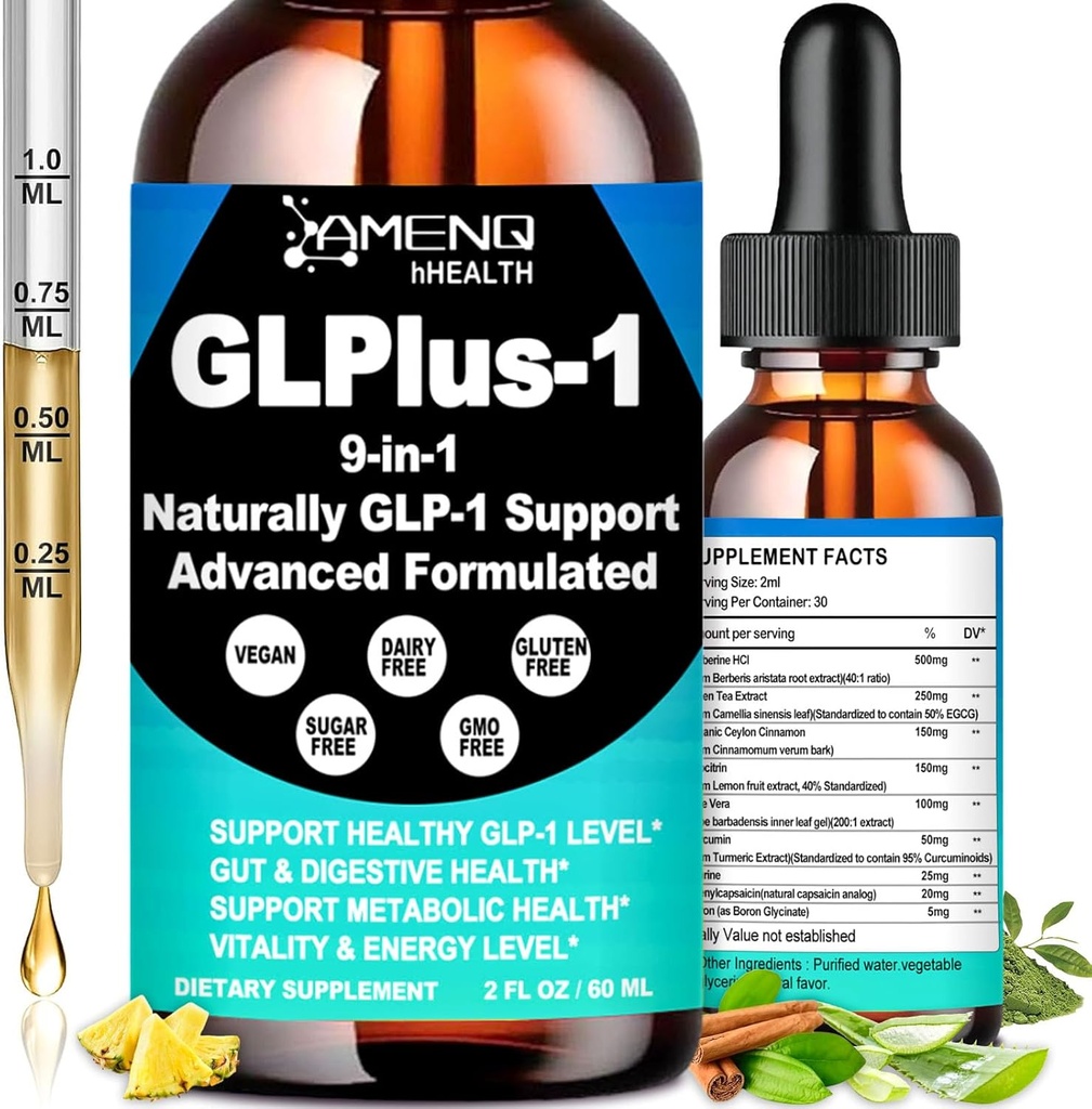 GLP-1 Supplément pour les femmes et les hommes, 9-en-1 Naturellement GLP-1 Support w. Berberine HCI Cyelon Cinnamon Green Tea Eriocitrin, GLP1 pour Gut Digestion métabolique, GLP-1 gouttes 6X plus fortes que les capsules