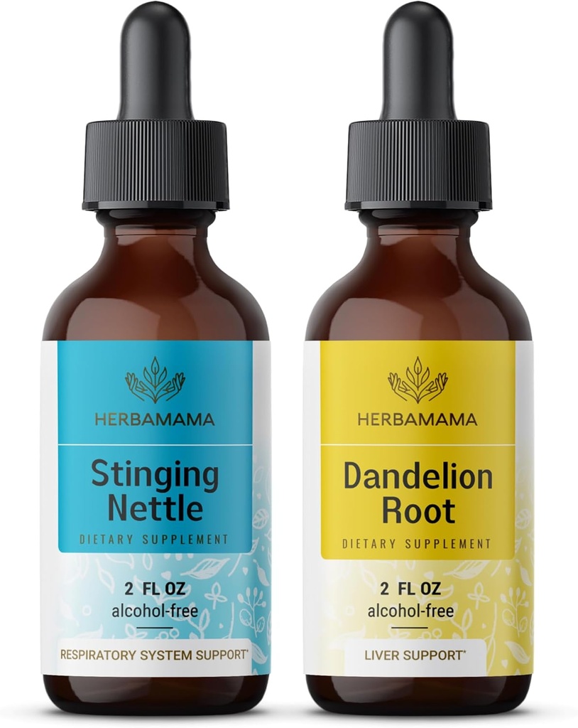 HERBAMAMA Kit de gouttes liquides à base de plantes - Ensemble de beurre et de racine de dandelion - 2 fl oz - végétalien, non-OGM, sans sucre et sans alcool - 2 pack