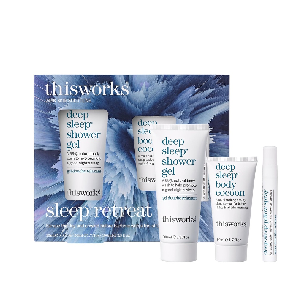 cetteworks Boîte de retraite de sommeil Ensemble cadeau: Spray d'oreiller de sommeil profond, Hydratant du corps et Gel de douche.