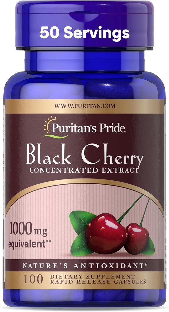 Puritan's Pride Black Cherry Concentrated Extract 250 mg (équivalent de 1000mg), complément alimentaire pour le bien-être général et un mode de vie sain*, approvisionnement de 50 jours, 100 capsules à libération rapide