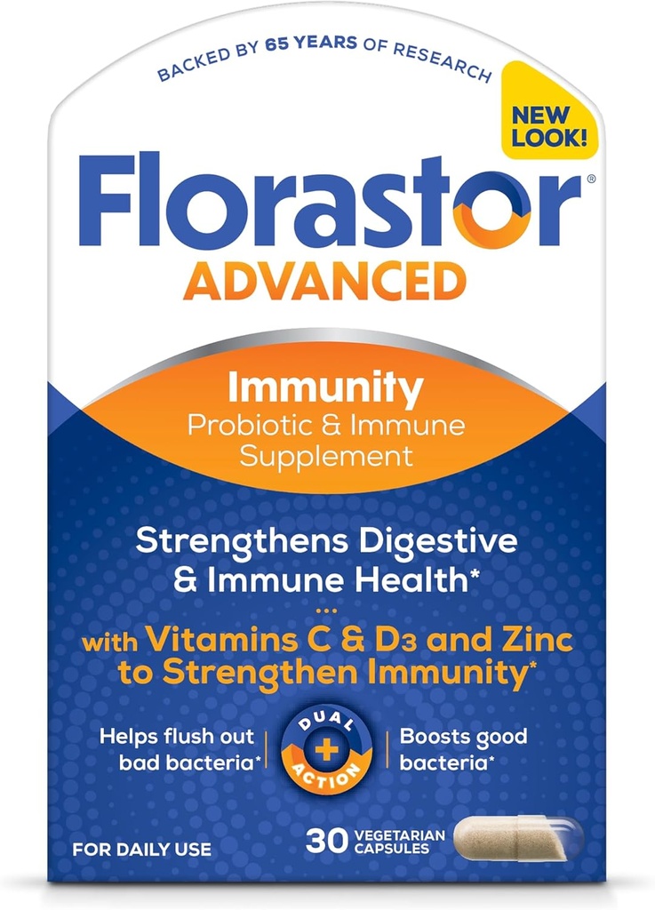 Florastor Select Immunity Boost Daily Probiotic & Immuni Support Supplément pour les femmes et les hommes, Saccharomyces Boulardii CNCM I-745 Plus Zinc, Vitamine C & D3 (30 capsules)