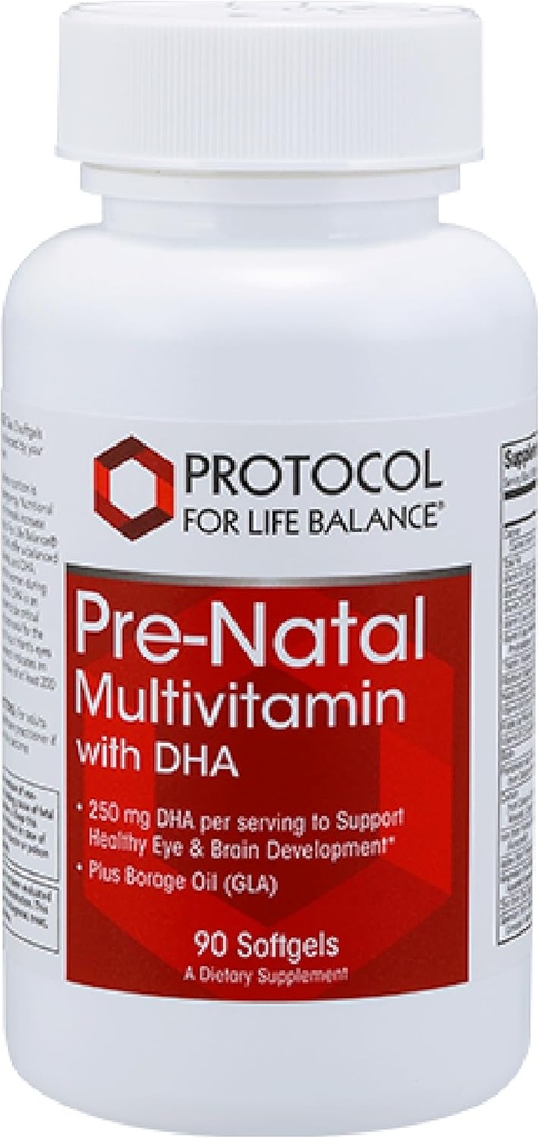 Protocole de multivitamines prénatales avec DHA - 250 mg DHA - pour le soutien de la grossesse et de l'allaitement* - avec DHA, calcium, cuivre, B12 et vitamine C - Halal et sans produits laitiers - 90 softgels