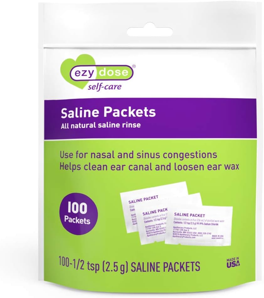 EZY DOSE Saline Rinse Packets, Paquets de recharge de sinus enroulés individuellement, Relief nasal, 100 comtes, fabriqués aux États-Unis