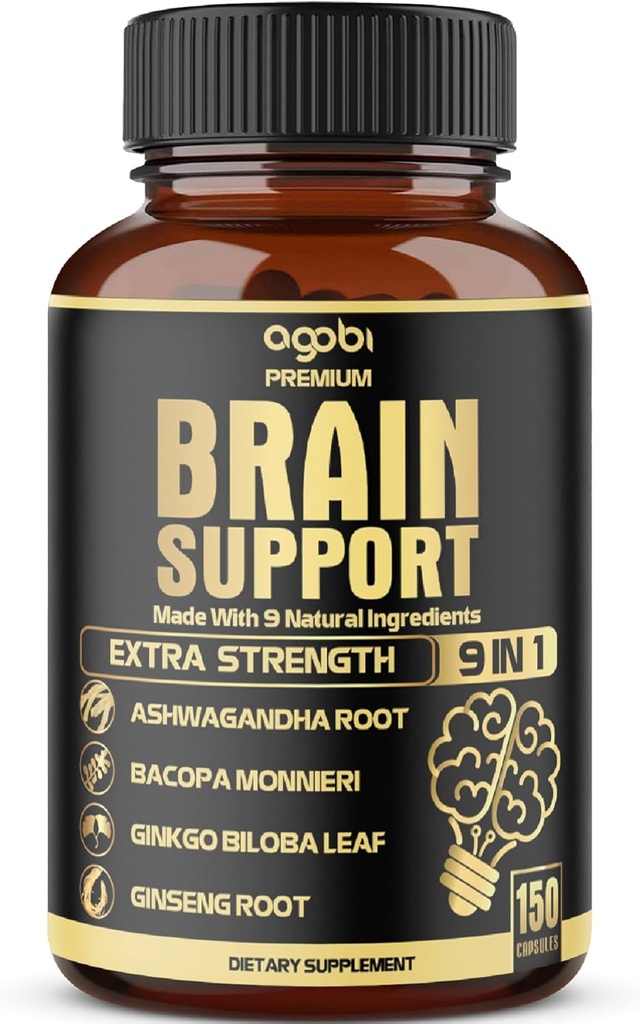 agobi 9in1 Supplément de soutien au cerveau - mélangé avec Ashwagandha, Panax Ginseng, Gotu Kola, Ginkgo Biloba, Black Pepper & More - Précision, Focus, Memory & Energy Booster - 150 capsules pendant 5 mois
