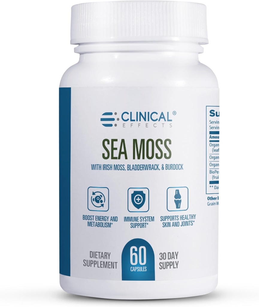Clinical Effects Sea Moss - Organic Irish Sea Moss Capsules with Bladderwrack, Burdock Root and Bioperine for Thyroid, Heart Health, Weight Management and Energy Support - 60ct - Made in The USA