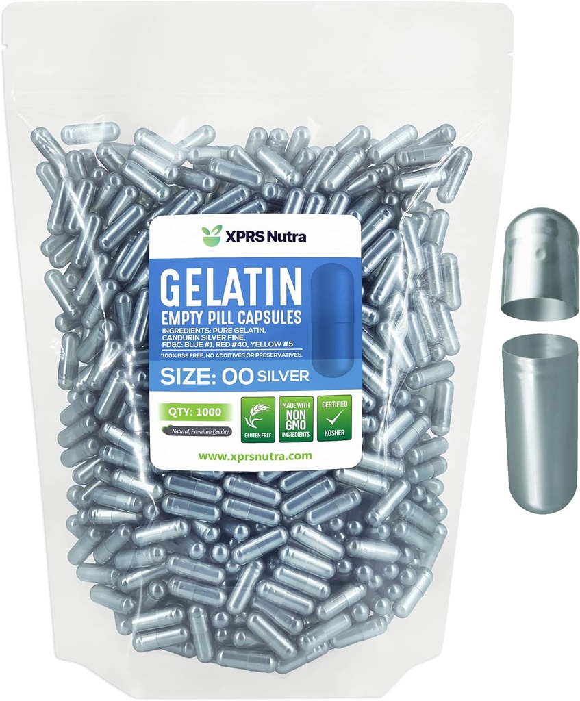 XPRS Nutra Size 00 Capsules vides - 1000 Capsules de gélatine vides de compte - Remplissage de la gélule de bricolage - Bouchons de gel de pilules rechargeables pour suppléments de bricolage (Argent)