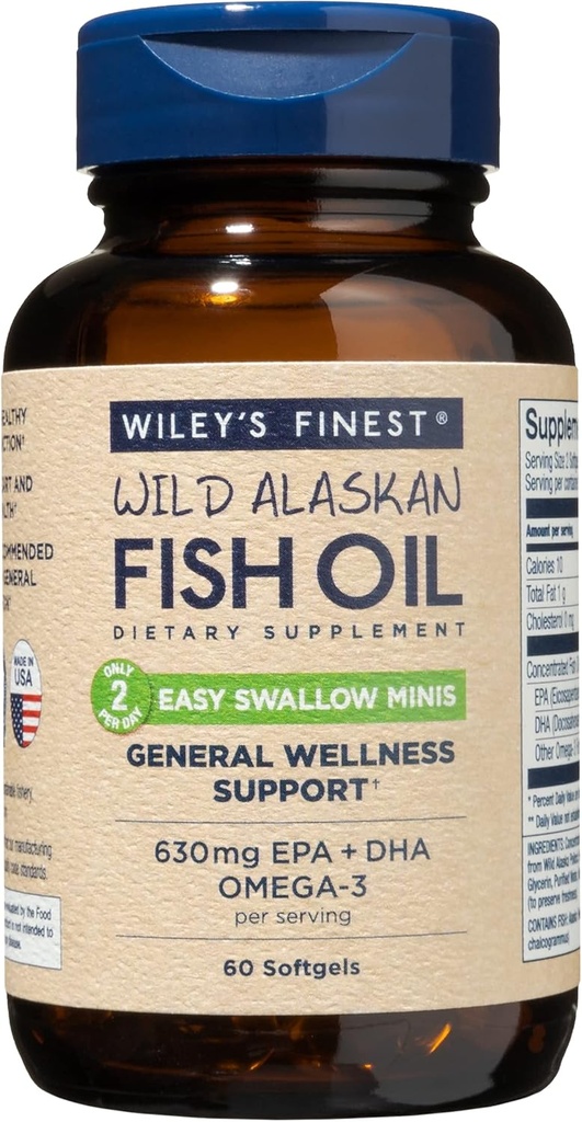Wiley's Finest Wild Alaskan Fish Oil Easy Swallow Minis - Omega-3 Fish Oil Supplement for Adults and Kids - Double-Strength 630mg EPA and DHA Natural Supplement - 60 Mini Softgels (30 Servings)