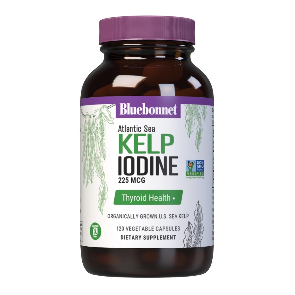 Bluebonnet Nutrition Atlantic Sea Kelp Iodine 225 mcg - Production biologique américaine Sea Kelp - Projet non-OGM Vérifié, sans gluten, sans soja, sans produits laitiers - 120 capsules végétales