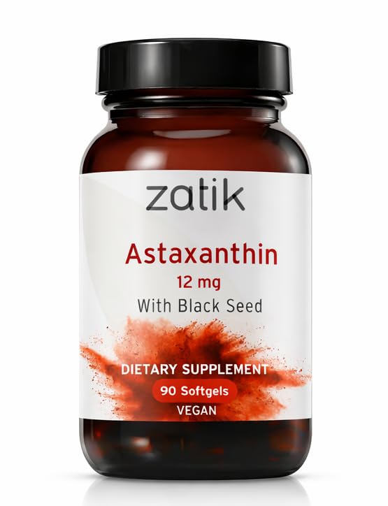 Zatik Naturals - Astaxanthine 12mg avec graines noires organiques, antioxydant, 90 softgels végétaliens