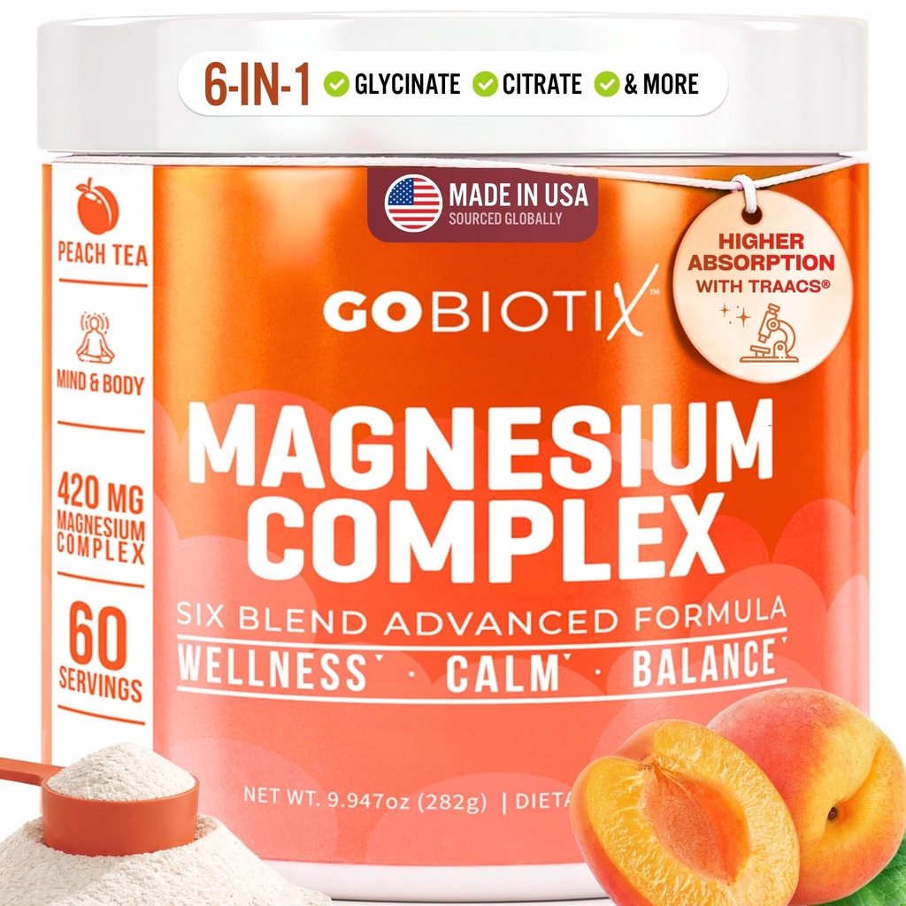 GoBiotix Magnésium Glycinate Poudre – Suppléments de cortisol pour les femmes et les hommes – Supplément de Magnésium à haute absorption avec Citrate, Malate – Sans sucre – 420 mg, 60 portions - Peach Tea