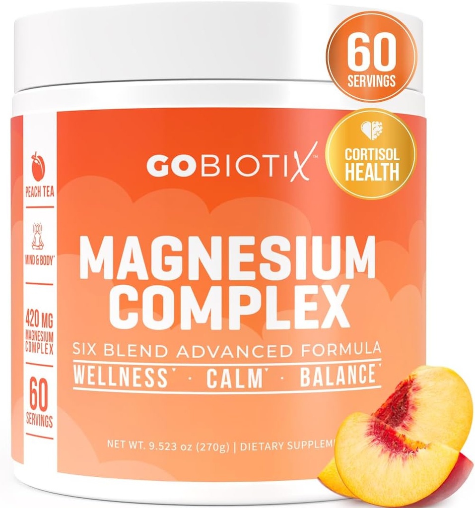 GoBiotix Magnésium Glycinate Poudre – Suppléments de cortisol pour les femmes et les hommes – Supplément de Magnésium à haute absorption avec Citrate, Malate – Sans sucre – 420 mg, 60 portions - Peach Tea